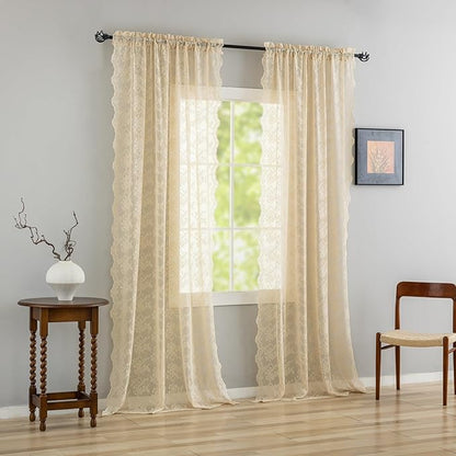 YJ YANJUN Vintage Lace Curtains 72 Inches Long-Victorian Flower Beige Voile Sheer Curtains for Dining Room Bathroom Bay Window Privacy Boho French Country Farmhouse Room Decor 2 Panels 52x72