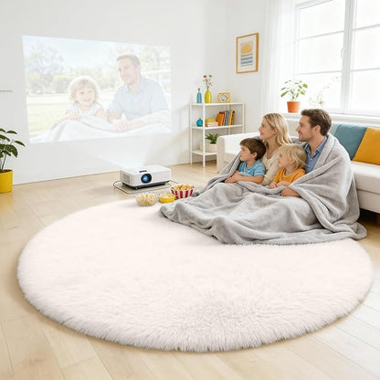 OLANLY Ivory Round Rugs for Bedroom - Machine Washable, 7 ft Circle Area Rugs for Living Room, Soft and Fluffy Shaggy Carpet for Teen Girls and Boys, Nursery Rooms, Dorms, Home Decor Aesthetic