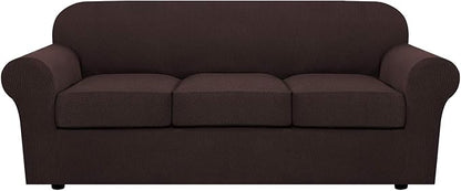 H.VERSAILTEX 4 Piece Stretch Sofa Covers for 3 Cushion Couch Covers for Living Room Furniture Slipcovers (Base Cover Plus 3 Seat Cushion Covers) Upgraded Thicker Jacquard Fabric (Sofa, Chocolate)