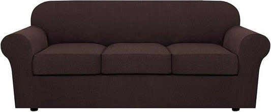 H.VERSAILTEX 4 Piece Stretch Sofa Covers for 3 Cushion Couch Covers for Living Room Furniture Slipcovers (Base Cover Plus 3 Seat Cushion Covers) Upgraded Thicker Jacquard Fabric (Sofa, Chocolate)