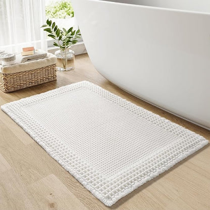 RESARE Waffle Bathroom Runner Rugs, Super Absorbent Bath Mat Non Slip Washable Quick Dry, Upgraded Ultra Soft Boho Bath Rugs with Tassels for Hallway Bedroom Laundry Room, 20"x32" White