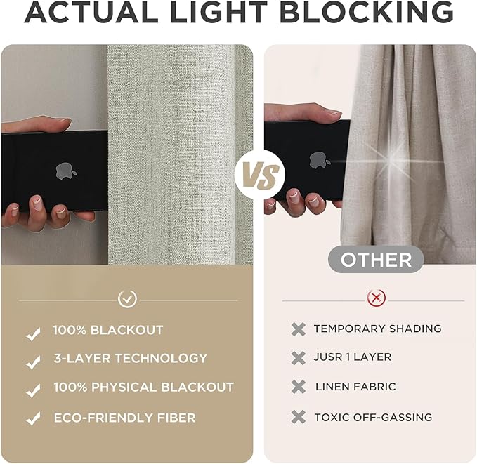 Joydeco Blackout Curtains for Bedroom - 63 Inch Long 100% Light Blocking 2 Panels Light Beige Drapes, Thermal Insulated Room Darkening Curtains, Linen Textured for Living Room, Rod Pocket & Back Tabs