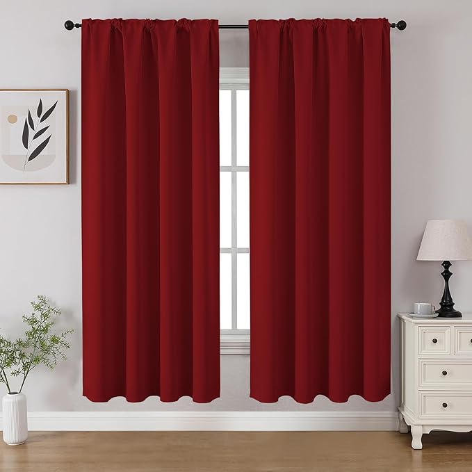 CUCRAF Red Blackout Curtains 63 inch Length 2 Panels Set, Rod Pocket Room Darkening Drapes for Bedroom Living Room, Insulated Thermal Light Blocking Window Curtain (W52 x L63 Inch)