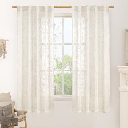 LAMIT 60 Inch Length Window Linen Curtains, Light Filtering Panels Back Tab and Rod Pocket Neutral Drapes for Bedroom/Living Room, Cream, 2 Panels, 34 x 60 Inch