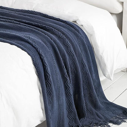 BOURINA Navy Throw Blanket 50x60 Inches Throw Textured Solid Soft Sofa Throw Couch Cover Knitted Decorative Blanket