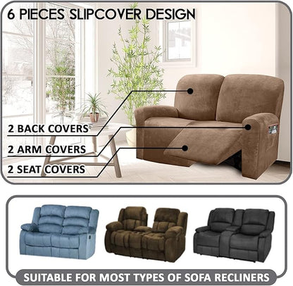 ULTICOR Reclining Love Seat Slipcover, 48" - 65" L, 6-Piece Velvet Stretch Loveseat Reclining Sofa Covers, 2 seat Love seat Recliner Cover, Thick, Soft, Washable (Sand)
