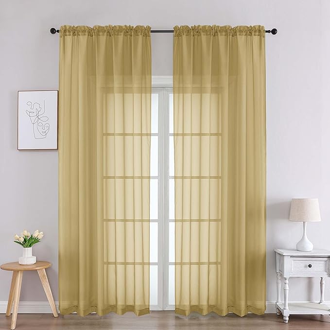 Chyhomenyc Gold Sheer Curtains 90 Inches Long 2 Panels, Light Filtering Gold Curtains for Living Room, Soft Gentle Voile Rod Pocket Bedroom Window Drapes, 59Wx90L Inch, 2PCS