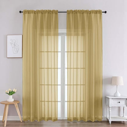 Chyhomenyc Gold Sheer Curtains 90 Inches Long 2 Panels, Light Filtering Gold Curtains for Living Room, Soft Gentle Voile Rod Pocket Bedroom Window Drapes, 59Wx90L Inch, 2PCS