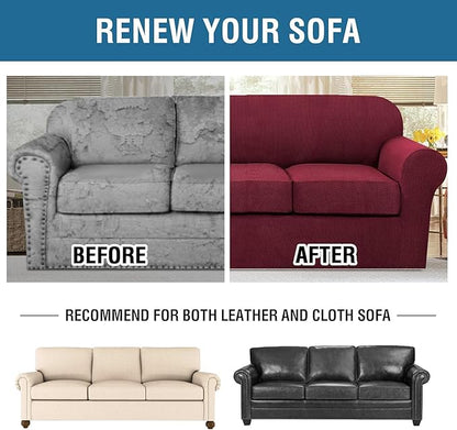 H.VERSAILTEX 4 Piece Stretch Sofa Covers for 3 Cushion Couch Covers for Living Room Furniture Slipcovers (Base Cover Plus 3 Seat Cushion Covers) Thicker Jacquard Fabric (Large Sofa, Burgundy)