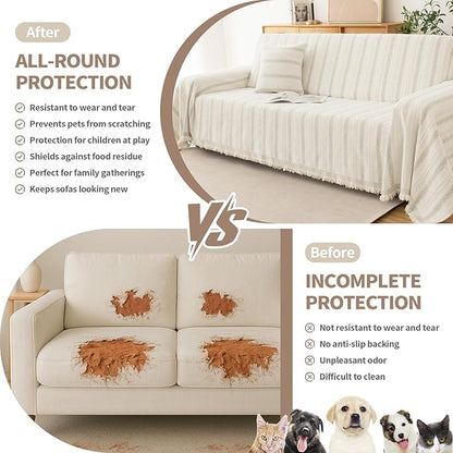 Couch Cover for Dogs, Boho Sofa Covers for 3 Cushion Couch, Chenille Sofa Slipcover for Pets Washable, L-Shape Sectional Loveseat Cover Soft Throw Blankets with Tassels(91x150,Striped Beige)