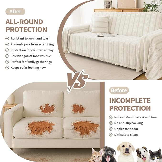 Boho Sofa Covers for 3 Cushion Couch, Chenille Sofa Slipcover for Pets Washable, L-Shape Sectional Loveseat Cover Soft Throw Blankets with Tassels(91x134,Striped Beige)