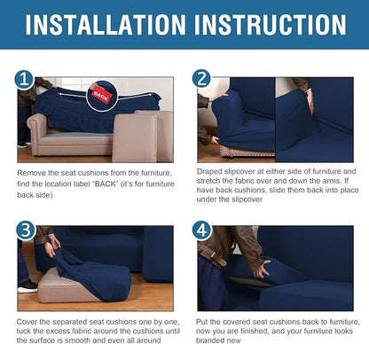 H.VERSAILTEX 4 Piece Stretch Sofa Covers for 3 Cushion Couch Covers for Living Room Furniture Slipcovers (Base Cover Plus 3 Seat Cushion Covers) Thicker Jacquard Fabric (Large Sofa, Navy)