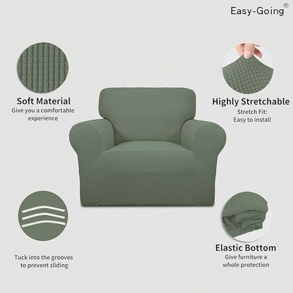 Easy-Going Stretch Chair Sofa Slipcover 1-Piece Couch Sofa Cover Furniture Protector Soft with Elastic Bottom for Kids, Pet. Spandex Jacquard Fabric Small Checks (Chair, Greyish Green)