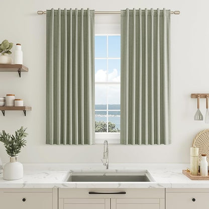 Sage Green 100% Blackout Curtains 45 Inch Length 2 Panels Set for Living Room Bedroom Back Tab Thermal Insulated Black Out Linen Drapes Room Darkening Window Curtains 52x45