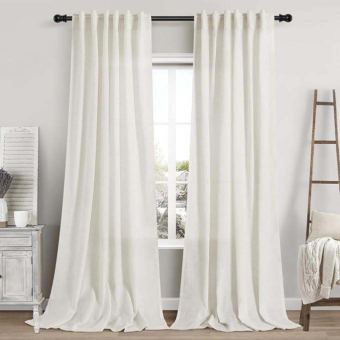 Cream Linen Curtains 96 Inches Long 2 Panels Set Back Tab Rod Pocket Semi Sheer Light Filtering Window Curtain Drapes Neutral Boho Aesthetic Long Curtains for Living Room Bedroom Decor 42x96