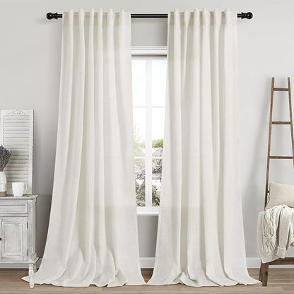 Cream Linen Sheer Curtains 102 Inches 2 Panels Set Back Tab Rod Pocket Extra Long Semi Sheer Light Filter Vintage Curtain Drapes Room Decor Aesthetic Curtains for Living Room High Window 42x102