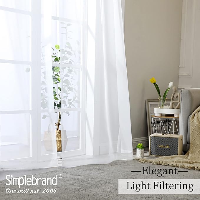 Simplebrand Sheer White Curtains 108 Inches Long, Extra Long Rod Pocket Solid Color Window Sheer Curtain Panels, Elegant Curtains & Drapes for Living Room, Bedroom 2 Panels (White, 42" W x 108" L)