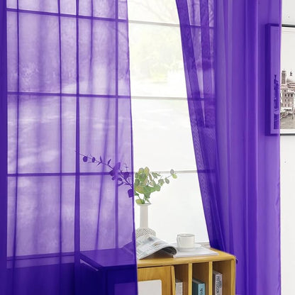 youleyar Solid Sheer Rod Pocket Curtain Voile Draperies 2 Panels White Beige Black Grey Coffee 52 Inch Width 108 Inch Long 1 Pair for Kitchen Bedroom Children Living Room Yard (Purple,52Wｘ108L)