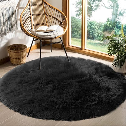 Goolela Black Round Area Rug 6ft Fluffy Fuzzy Circle Rug for Bedroom Living Room Faux Sheepskin Fur Plush Shaggy Washable
