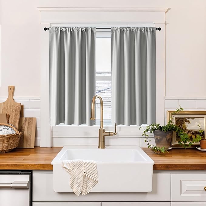 RYB HOME 100% Blackout Short Curtains for Small Window, Thermal Insulated Total Room Darkening Noise Reducing Curtains for Kitchen Bathroom Basement, 42 inches Wide by 36 inches Long, Silver Grey