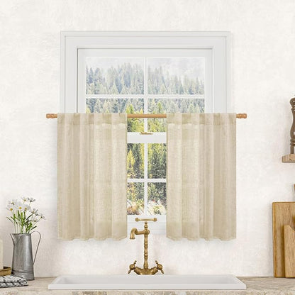 LAMIT Semi Sheer Linen Curtains 36 Inch Length 2 Panels, Light Filtering Panels Back Tab and Rod Pocket Neutral Drapes for Cafe/Kitchen/Loft Room, Linen, 25 x 36 Inch