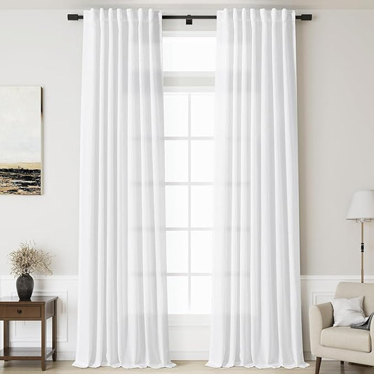 Nanspring Linen White Curtains Extra Long for Living Room 2 Panels Set Back Tab Light Filtering Semi Sheer Drapes Modern Farmhouse Decor Linen Textured Curtain for Floor to Ceiling Window 52x124
