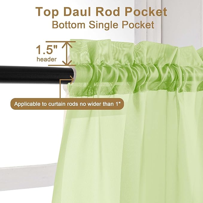 Chyhomenyc Sheer Curtains 36 inch Length 2 Panels Set, Light Filtering Voile Rod Pocket Short Window Curtians for Bathroom Living Room Farmhouse Small Windows, Each 42Wx36L in, 2PCS, Lime