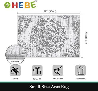HEBE Washable Area Rug - 2'x3' Non Slip Soft Distressed Medallion Bedroom Boho Living Room Accent Throw Vintage Entry Floor Carpet for Dining Room Bathroom Entryway
