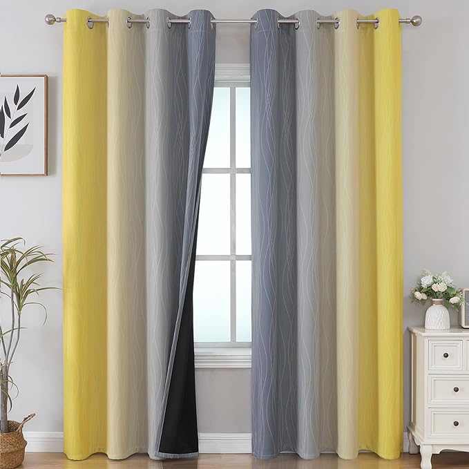 Estelar Textiler Yellow and Grey Ombre Blackout Curtains 90 Inch Length 2 Panels Set, Thermal Insulated Drapes for Bedroom, Full Room Darkening Grommet Gradient Curtains for Living Room,52Wx90L