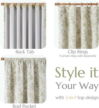 jinchan Blackout Floral Curtains for Living Room Bedroom Linen Blend Curtain Farmhouse Green Printed with Lined Back Tab Rod Pocket Drapes Window Treatments 2 Panels 96 Inch