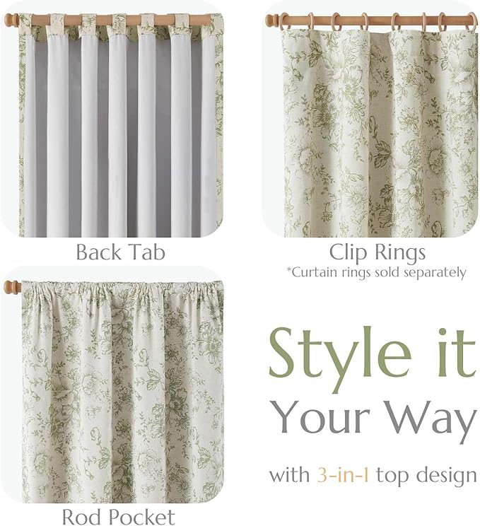 jinchan Blackout Floral Curtains for Living Room Bedroom Linen Blend Curtain Farmhouse Green Printed with Lined Back Tab Rod Pocket Drapes Window Treatments 2 Panels 90 Inch