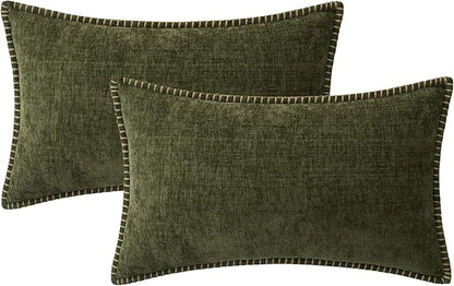 MIULEE Pack of 2 Couch Throw Pillow Covers 12x20 Inch Olive Green Farmhouse Decorative Pillow Covers with Stitched Edge Soft Chenille Solid Dyed Spring Pillow Covers for Sofa Bed Living Room