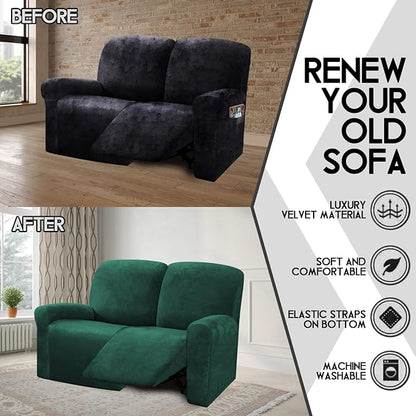 ULTICOR Reclining Love Seat Slipcover, 48" - 65" L, 6-Piece Velvet Stretch Loveseat Reclining Sofa Covers, 2 seat Love seat Recliner Cover, Thick, Soft, Washable, Love seat Slipcovers (Retro Green)