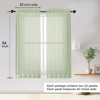 OWENIE Sheer Curtains 54 inches Long 2 Panles for Living Room Bedroom Small Windowm, Rod Pocket Light Filtering Voile Sheers Drapes, 42" W x 54" L, Light Green