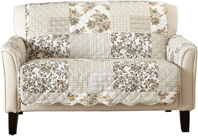 Great Bay Home Reversible Patchwork Loveseat Cover - Washable Slipcover Furniture Protector with Elastic Straps - Perfect for Kids & Pets - Box-Stitched Detail (Taupe)
