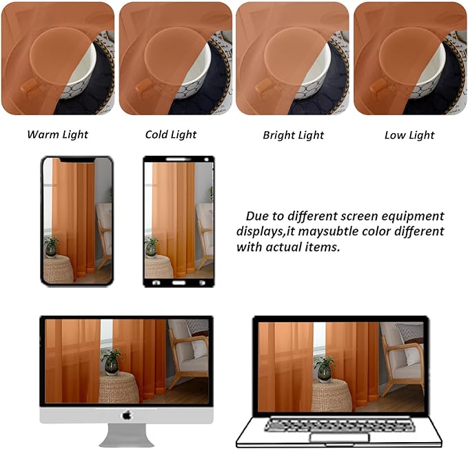 Chyhomenyc Orange Sheer Valances for Windows - Light Filtering Small Kitchen Curtains, Rod Pocket Short Top Window Treatment Decor for Living Room Bathroom Basement, 42Wx16L inches, 2 Panels