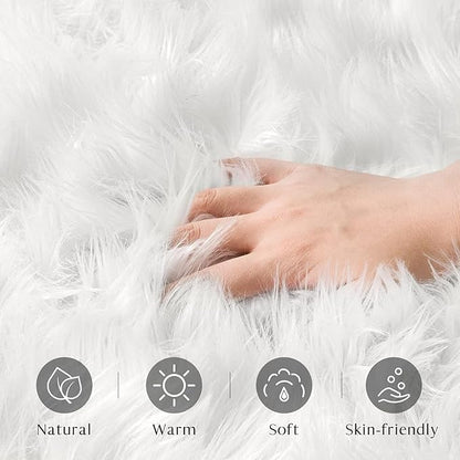 Ashler Home Deco Faux Fur Area Rug, White, 2 x 2.9 ft, Modern, Fluffy, Machine Washable