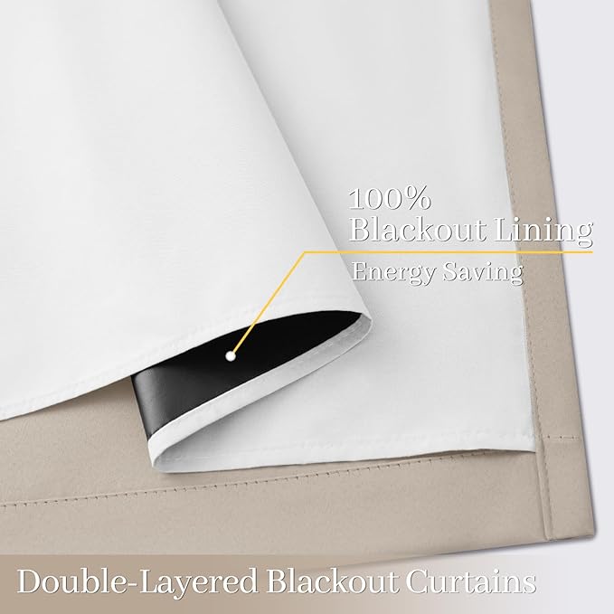 Yakamok 100% Blackout Curtain Panels 96 inches Cold and Light Blocking Drapes for Nursery, 2 Thick Layers Thermal Insulated Draperies (2 Pieces, 50 Wide Each Panel, Natural Front with White Backing)