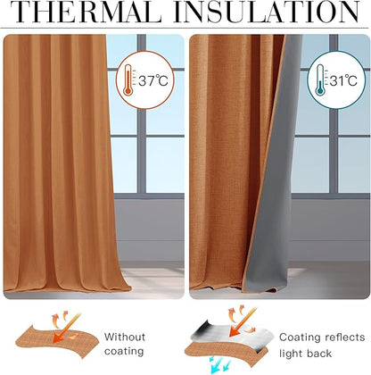 RYB HOME Burnt Orange Total Blackout Curtains Linen Texture, Rustic Fall Curtains for Bedroom/LivingRoom/Office, Thermal Insulated Boho Farmhouse HomeDecor, Luxury Privacy Drapes, W52xL90, 2 Panels