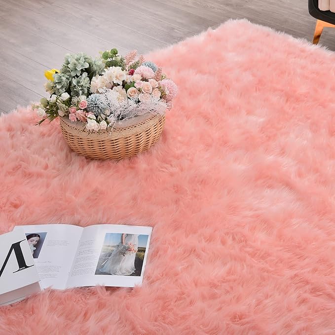 ORINOVA Pink Washable Shag Round Rugs 6.6ft Soft Plush Faux Sheepskin Fuzzy Fur Rugs for Bedroom Large Circle Fluffy Nursery Rug