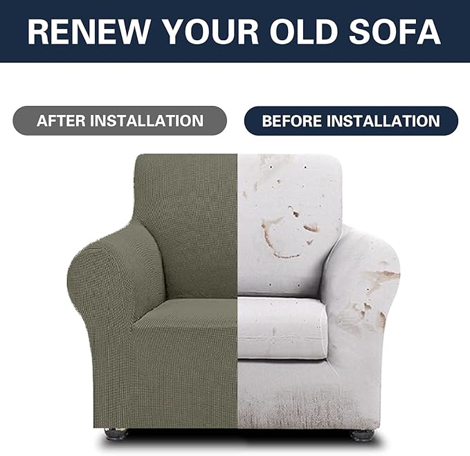 Cupuamon 2026 New Stretch Chair Sofa Slipcovers Couch Cover for 1 Seater Furniture Protector Sofa Covers with Elastic Bottom Jacquard Fabric Small Checks for Pets, Kids - Khaki