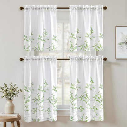 HOMEIDEAS Kitchen Curtains, Short Non-See-Through Privacy 30X36 Inch Length Tier Curtains, Green and White Leaf Floral Print Light Filtering Semi Sheer Small Window Drapes for Bathroom Cafe, 2 Panels