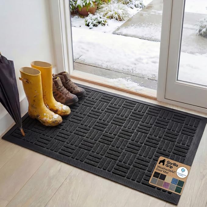 GORILLA GRIP 100% Waterproof All-Season WeatherMAX Doormat, 47x35, US Designed Natural Rubber, Stain and Fade Resistant, Low Profile Indoor Outdoor Door Mats, Easy Clean Patio Mat, Black Maze