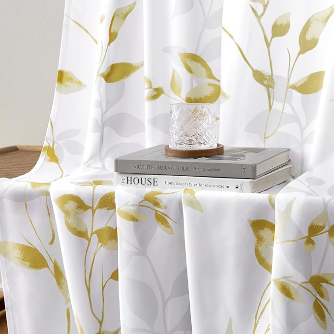 HOMEIDEAS Non-See-Through Gold and White Privacy Sheer Curtains 52 X 63 Inch Length 2 Panels, Leaf Floral Printed Light Filtering Semi Sheer Window Curtains Drapes for Bedroom Living Room