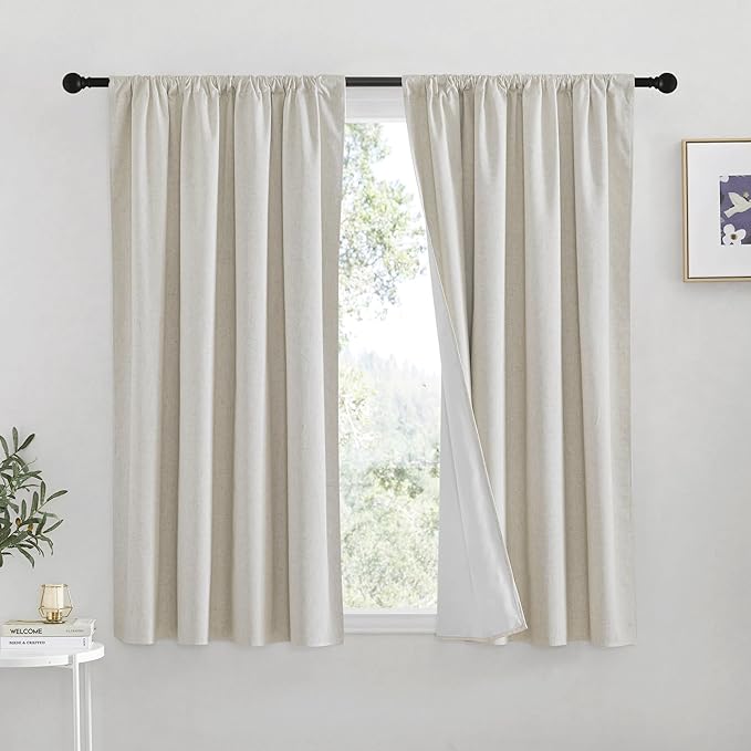 RYB HOME Natural Linen Blended Curtains for Living Room, Blackout Thermal Insulated Window Drapes with White Liner Classy Home Decor for Guest Room Nursery, Natural, W52 x L63 inch, 2 Panels