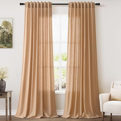 Nanspring Camel Linen Curtains 2 Panels Set for Living Room Back Tab Rod Pocket Window Drapes Light Filtering Semi Sheer Elegant Farmhouse Curtain 100 Inches Long for Dining Room Bedroom 52x100