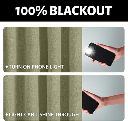 Yakamok Linen Sage Curtains 100% Blackout 63 Inches Long,Room Darkening Textured Curtains for Living Room Thermal Grommet Bedroom Curtain 2 Panels with Greyish White Liner