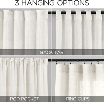 Nanspring Extra Long Beige White Curtains 108 Inch Length 2 Panels Set for Living Room Linen Semi Sheer Curtains Coastal Room Decor Floor to Ceiling Curtain for Bedroom Large Window 70x108