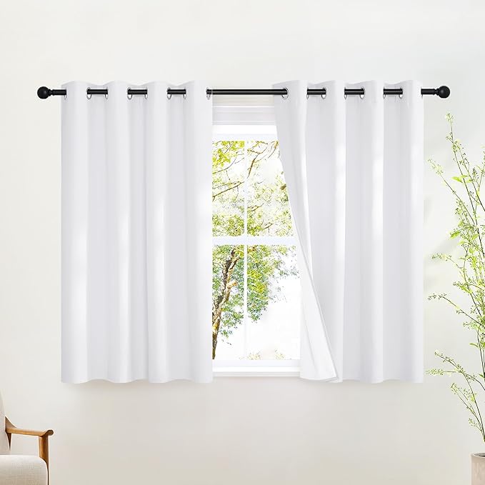 NICETOWN White 100% Blackout Cafe Curtains 48 inches Long, Grommet Thermal Window Treatment Full Blackout Curtains for Kitchen/Bathroom, 2 Panels, W52 x L48