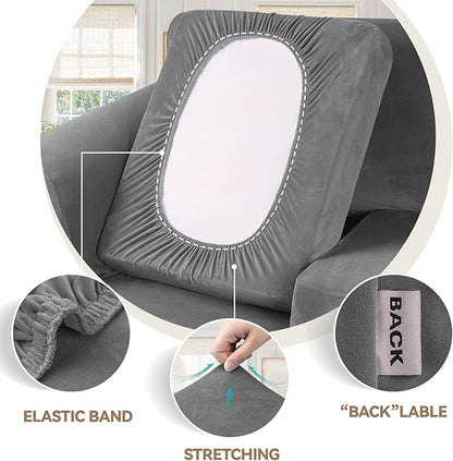 WEERRW 4 Pieces Velvet High Stretch Couch Covers for 3 Cushion Couch Sofa Slipcovers, Washable Furniture Protector with Non Slip Elastic Bottom, Feature Soft and Thick Plush Fabric, Light Grey, Large